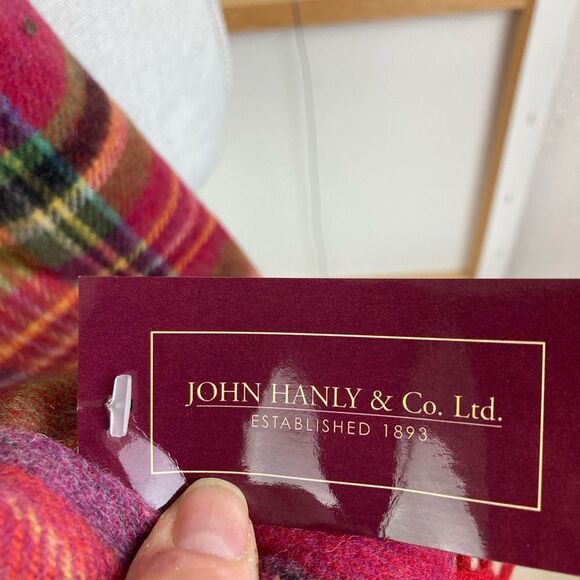 NWT Irish wool by John Hanly & Co. Pink tartan scarf or shawl w/ fringe tassels - Picture 5 of 8